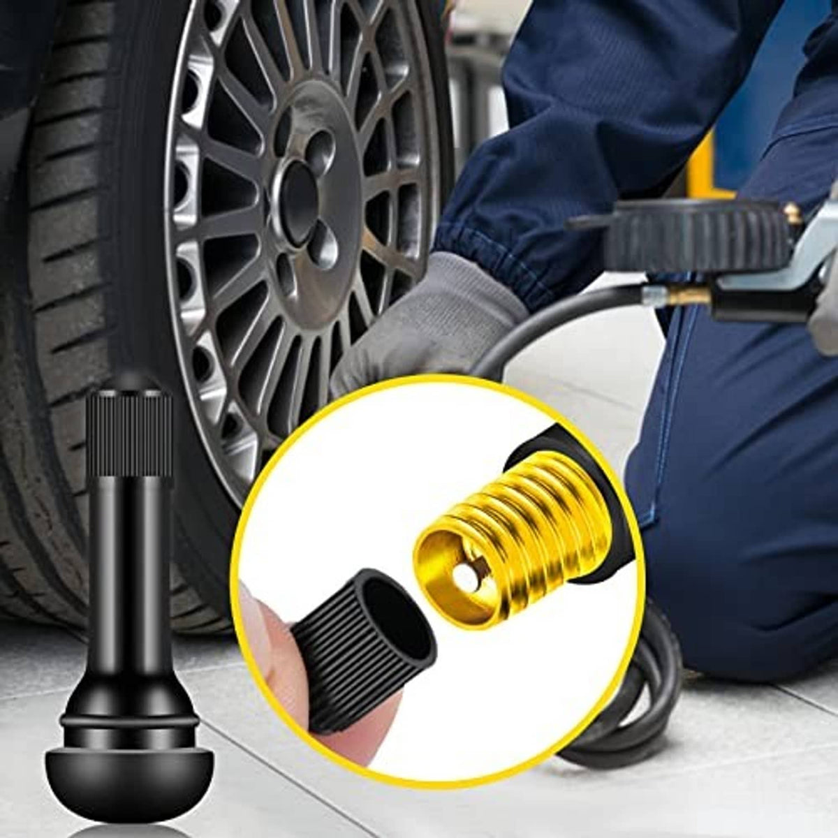 Black tire valve stem with brass threads, shown near a car wheel
