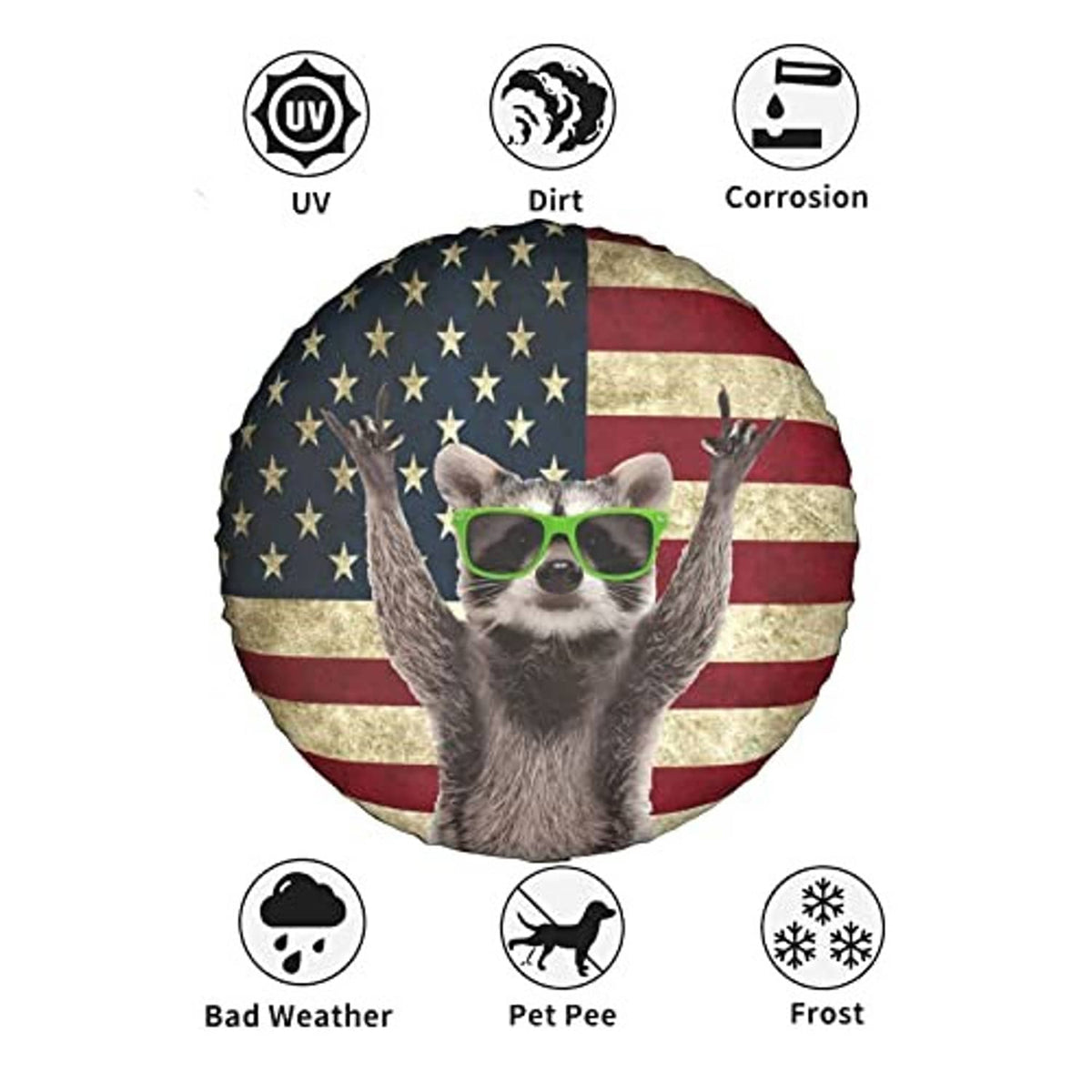 Spare tire cover with raccoon in green sunglasses on American flag background