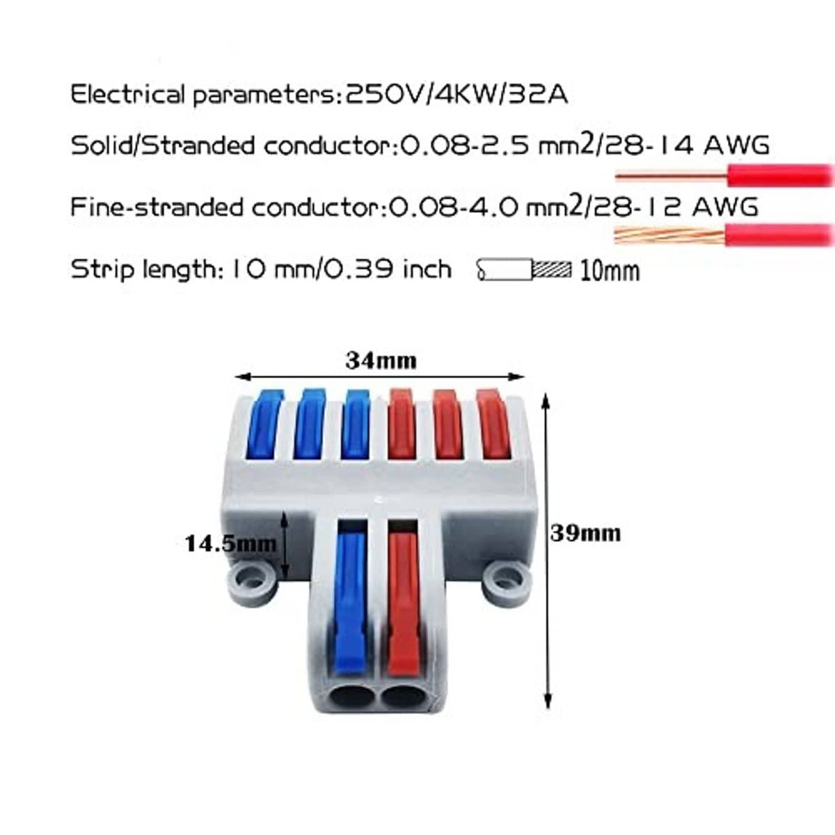 Compact wire lever nut connector dimensions view with blue/red terminal openings