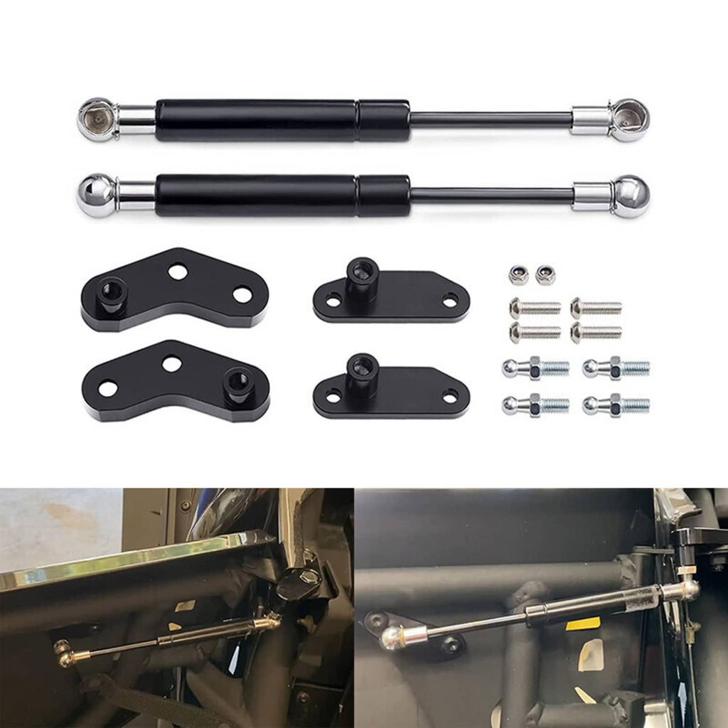 Door strut kit with two black chrome rods, mounting brackets, and hardware