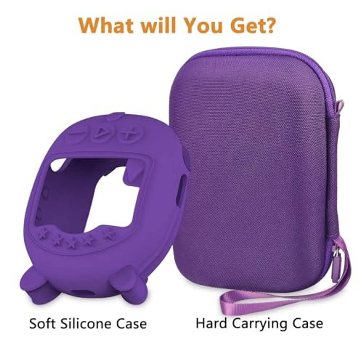 Purple hard carrying case next to purple silicone speaker cover with button cutouts
