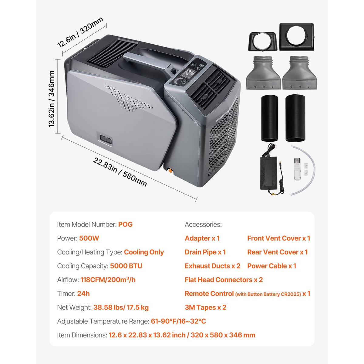 Gray portable air conditioner with accessory bottles, hoses, and adapter layout