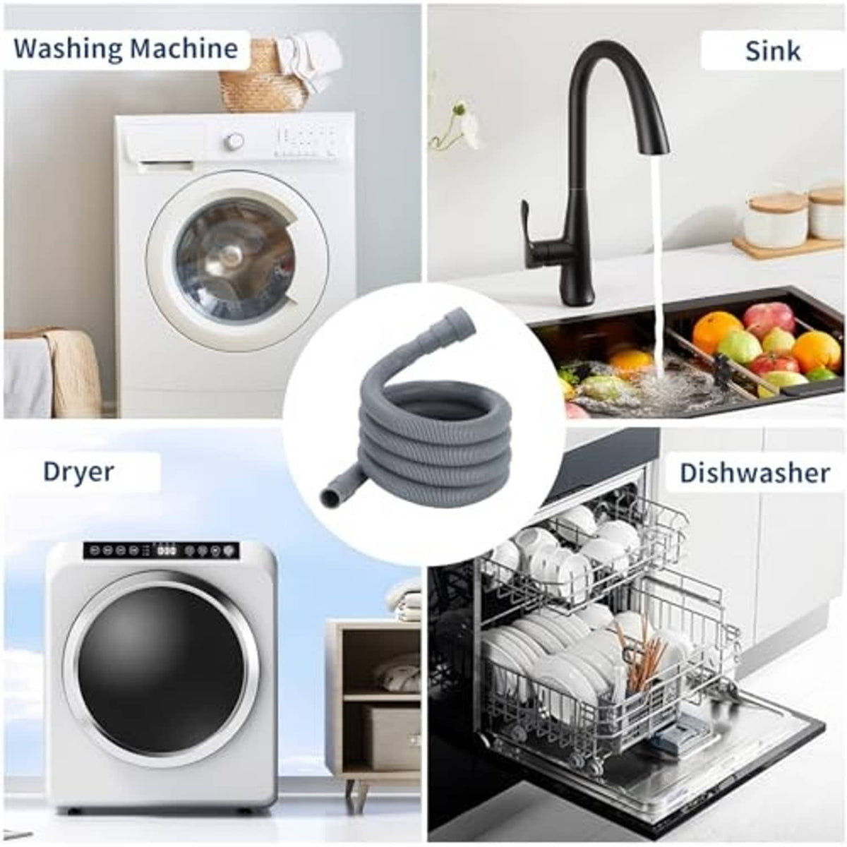 Gray corrugated washer drain hose shown for use with washing machine and dishwasher