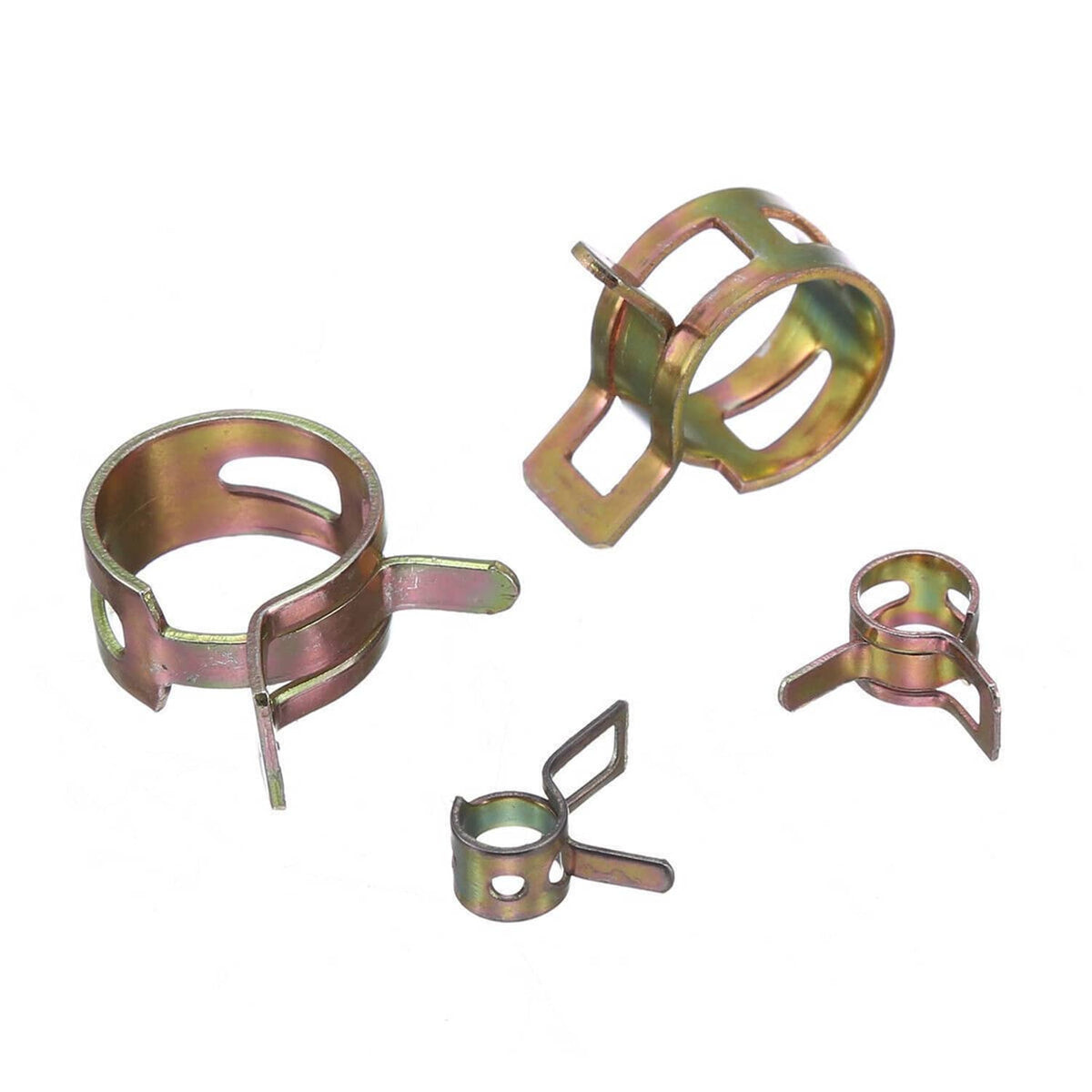 Three spring hose clamps with iridescent zinc-plated finish and locking tabs