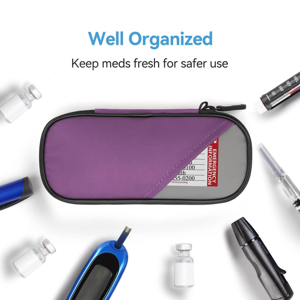 Purple and gray insulin cooler case with zipper, laid flat with compact insulated insert