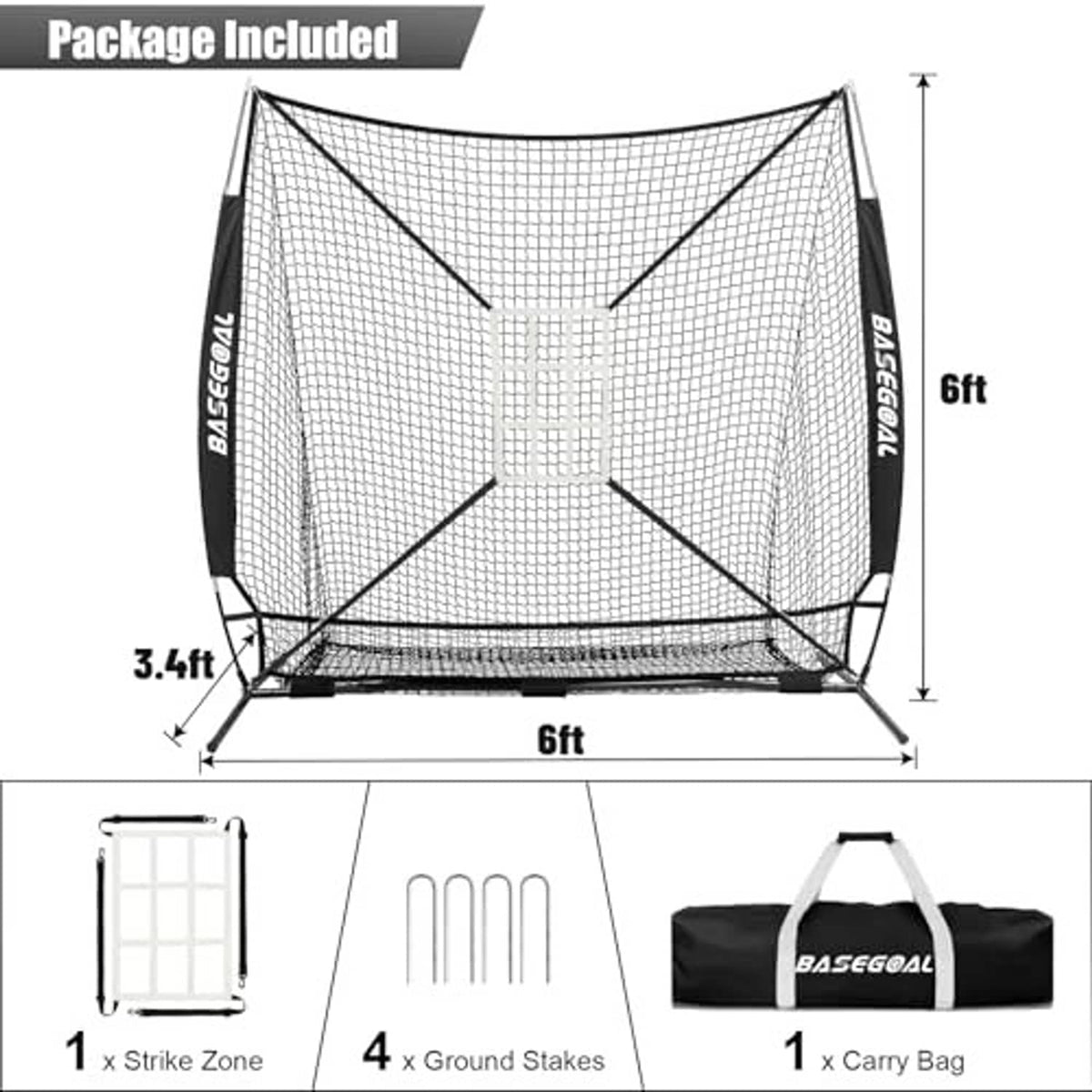 Baseball backstop net with size diagram, black frame, white mesh, and carry bag