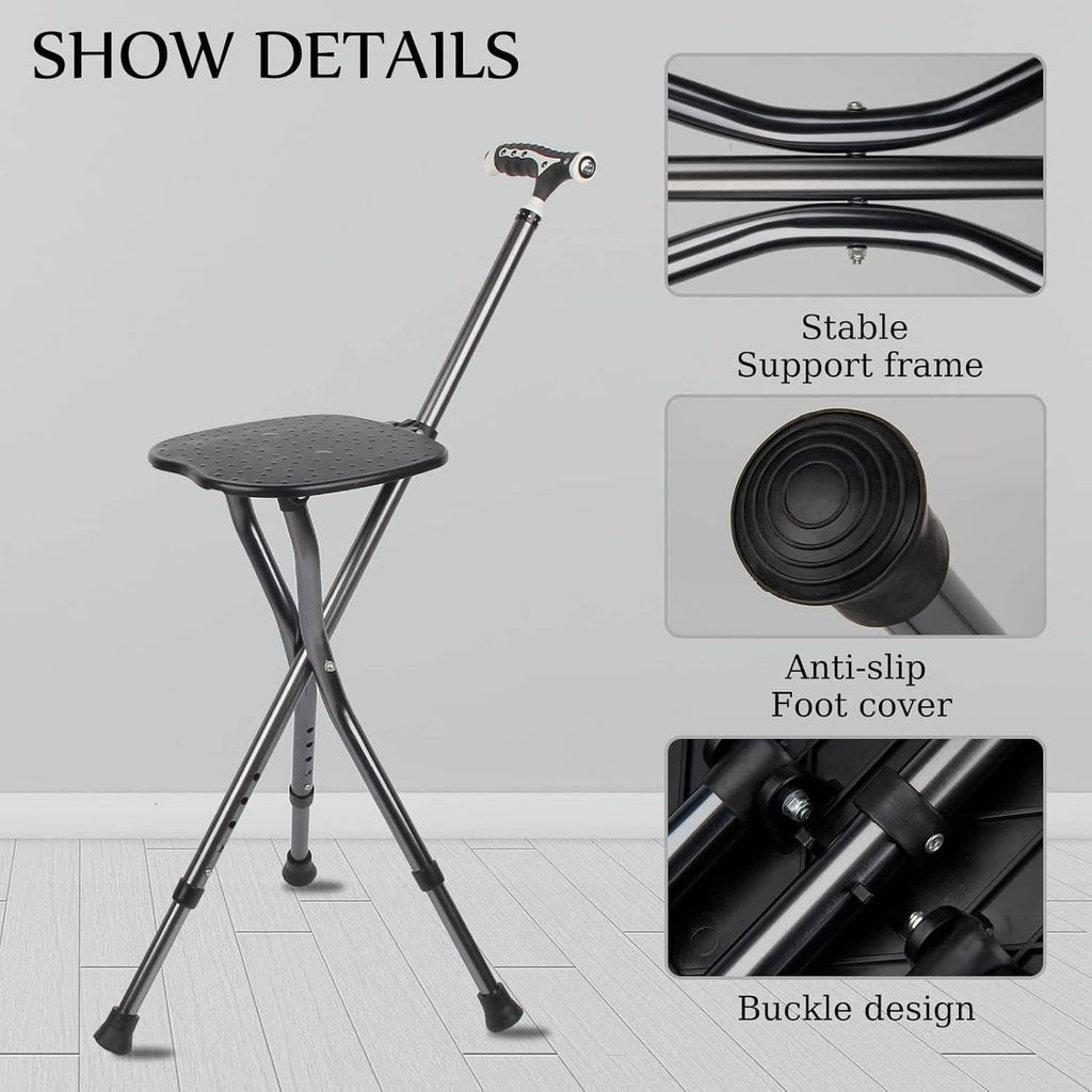 Black folding cane seat with anti-slip foot covers and stable support frame