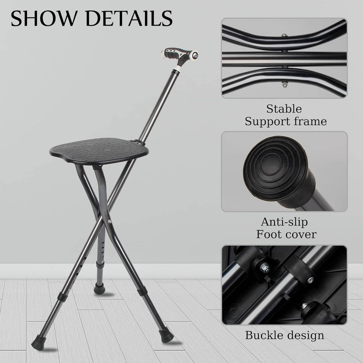 Black folding cane seat with anti-slip foot covers and stable support frame