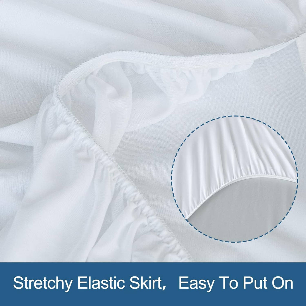 White mattress protector with stretchy elastic skirt and stitched protective edge