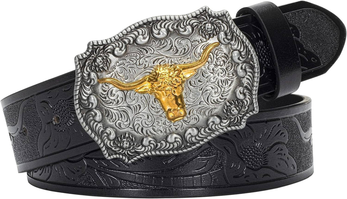 Western cowboy belt: black embossed strap with ornate silver buckle and gold longhorn center