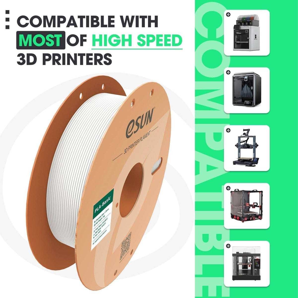 White PLA filament spool on cardboard reel, shown with compatibility icons.
