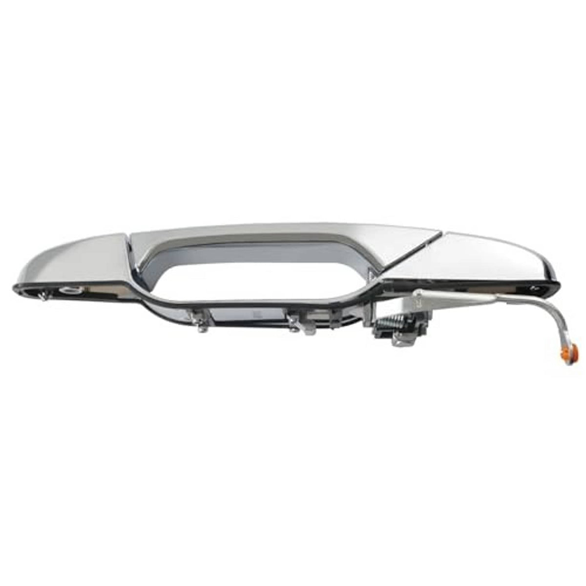 Chrome exterior door handle underside with mounting clips and orange release tab