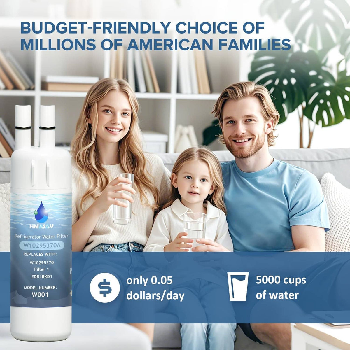 White refrigerator water filter cartridge bottle beside family drinking water promo graphic