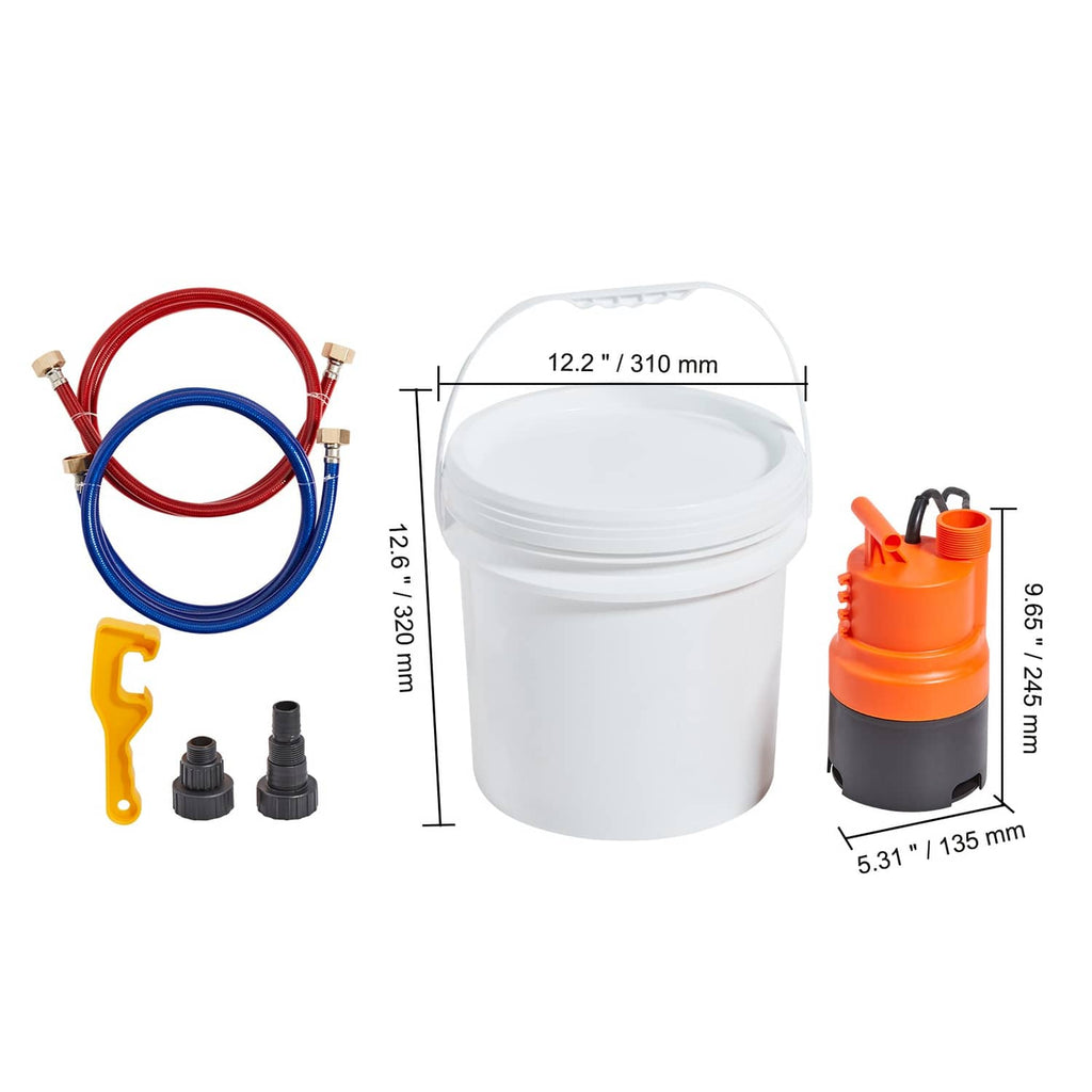 Water heater flushing kit contents: white bucket, orange pump, red/blue hoses, black adapters