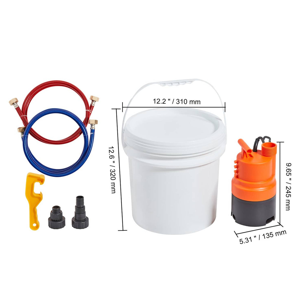 Water heater flushing kit contents: white bucket, orange pump, red/blue hoses, black adapters