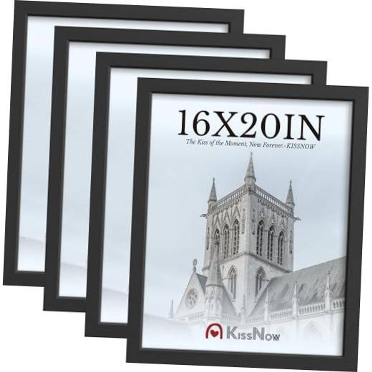 Black 16x20 wood picture frames, 4-pack, stacked with photo inserts