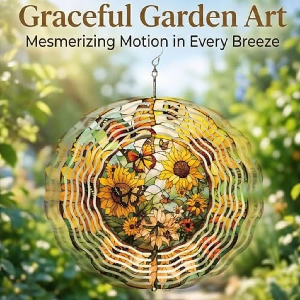 Hanging metal wind spinner with sunflower and butterfly floral design, rippled spiral rings