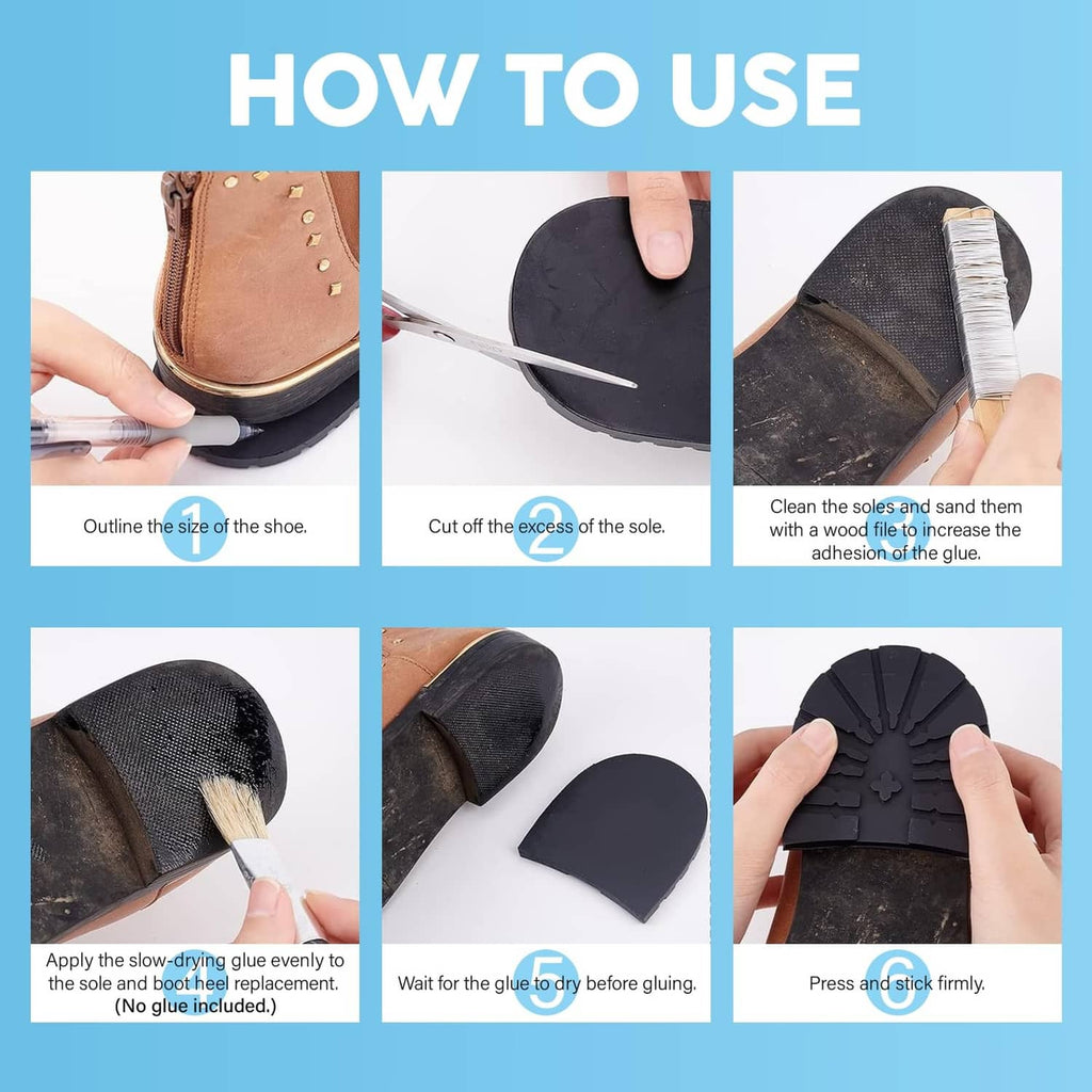 Boot heel replacement pad installation steps with trimming and pressing guidance (no text)