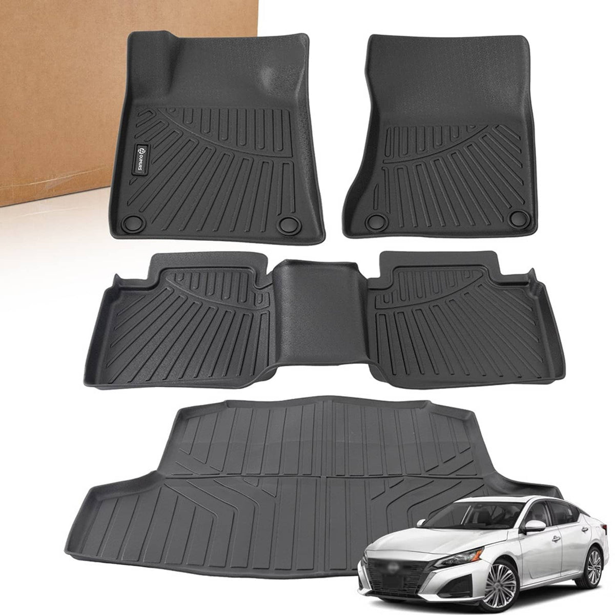 Black floor mat and cargo liner set with ridged tread, four mats and trunk liner
