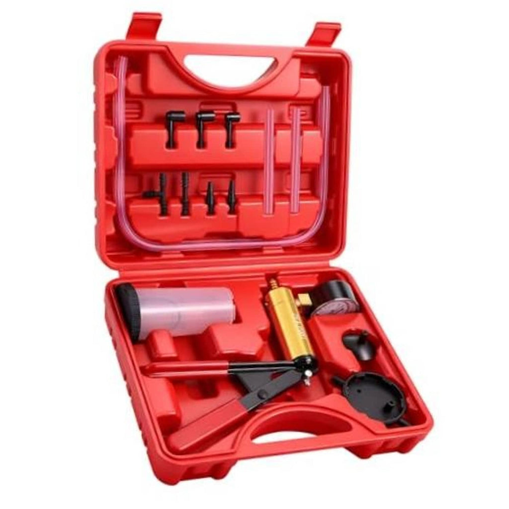 Red brake vacuum bleeder kit case with pump components and pressure gauge inside