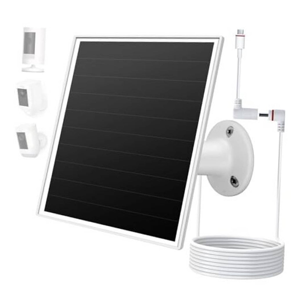White solar panel charger with wall mount bracket and power cable, for security cameras