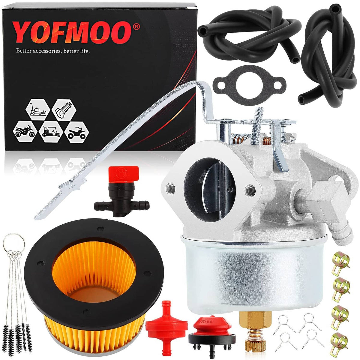 Carburetor kit with silver carburetor body, black hoses, air filter, and mounting parts