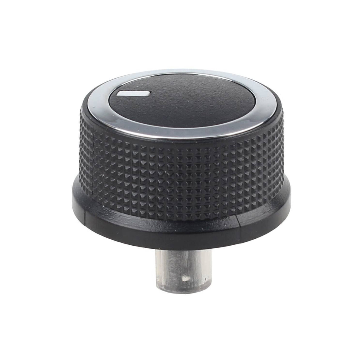 Close-up of black HVAC temperature control knob with silver border and indicator arrow