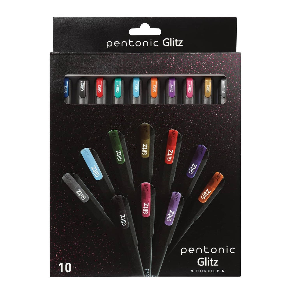 Glitter gel pen set box with 10 assorted pens in a display tray