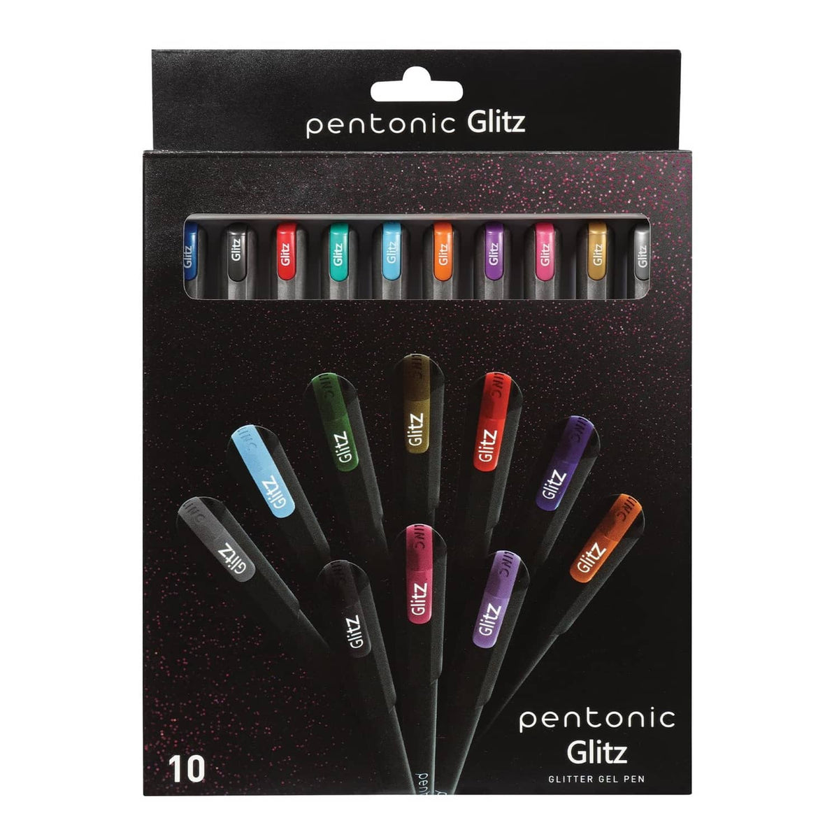 Glitter gel pen set box with 10 assorted pens in a display tray