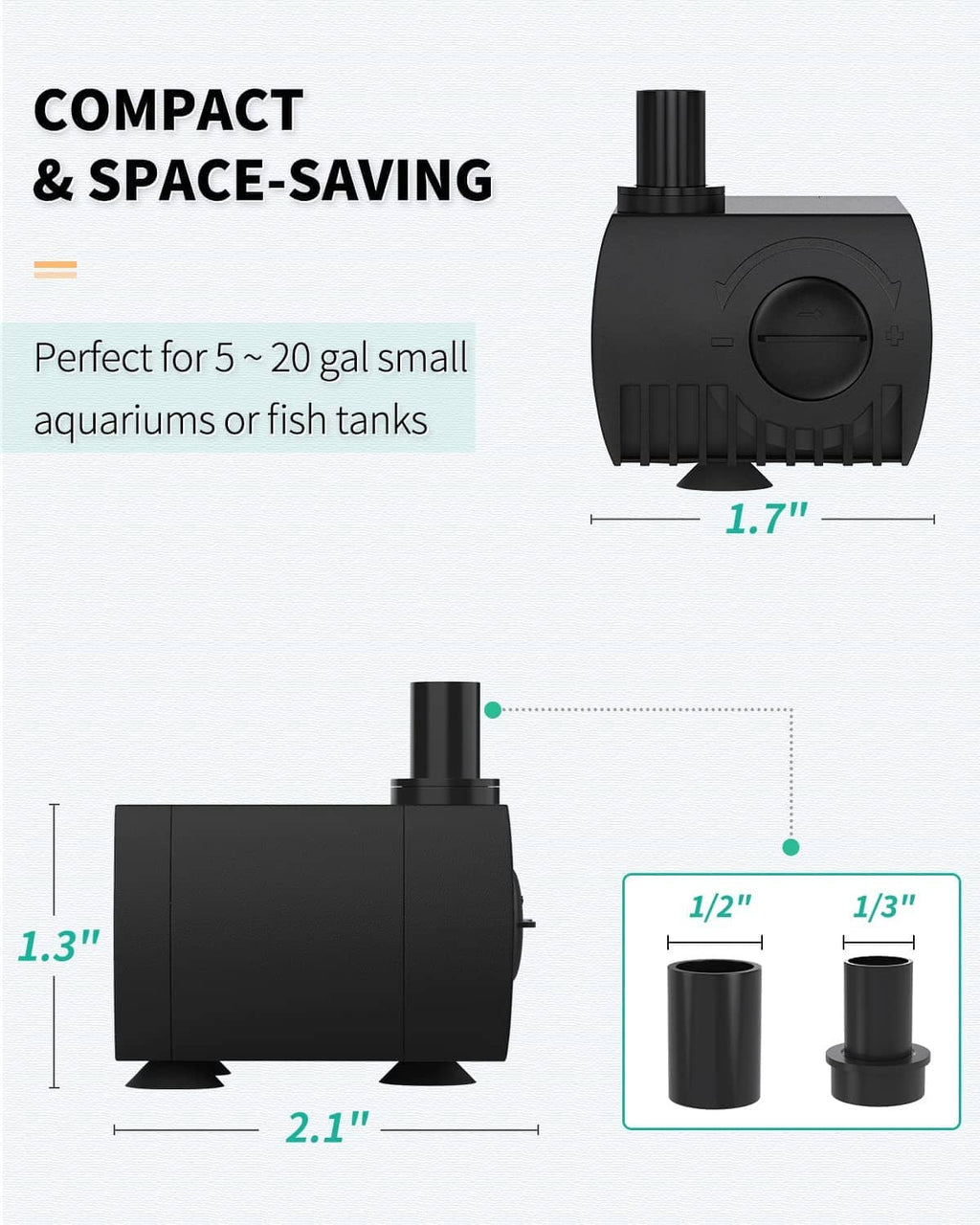 Compact black submersible water pump for small tanks, with top outlet and knob
