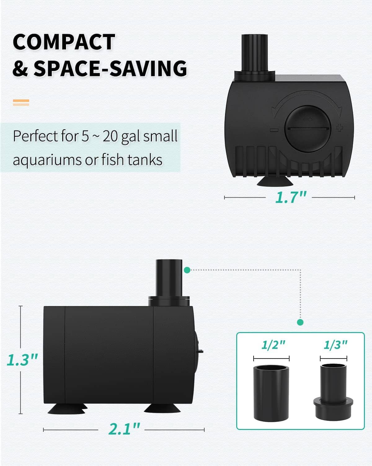 Compact black submersible water pump for small tanks, with top outlet and knob