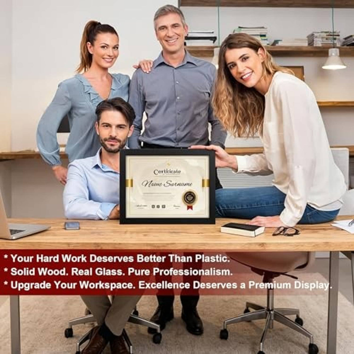 Black solid wood certificate frame held at a table, certificate visible under glass