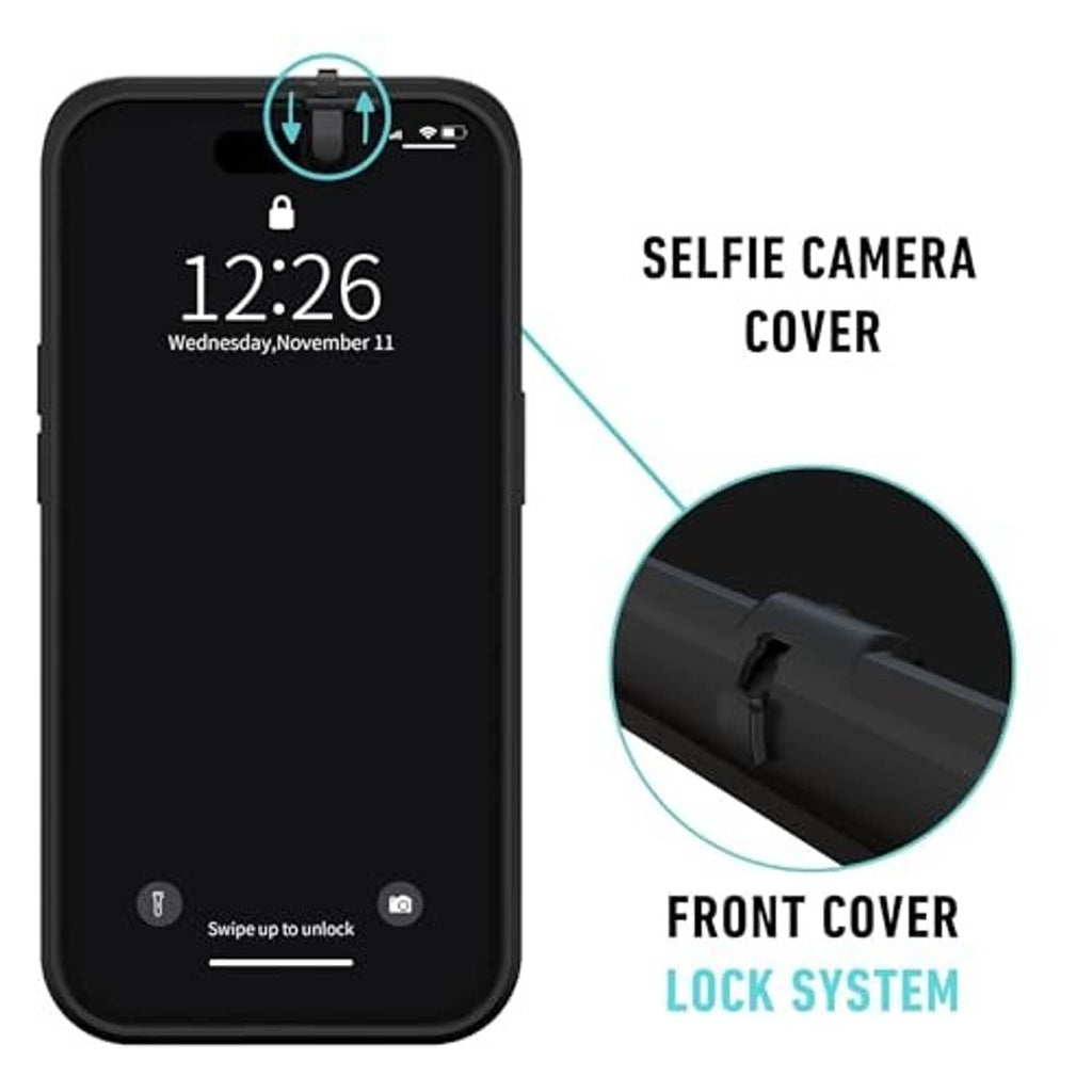 Black iPhone privacy case with front cover lock system and selfie camera cover