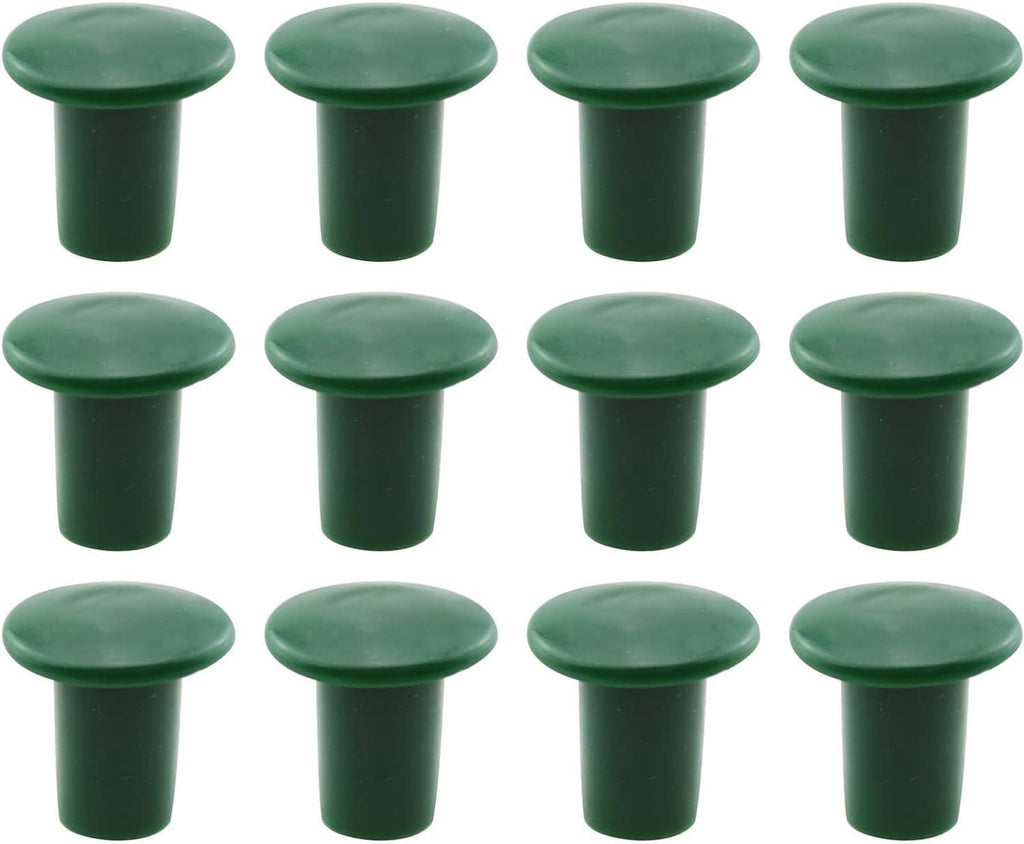Green plastic mushroom rebar safety cap set, round tops on short stems, screw-on 12 pcs