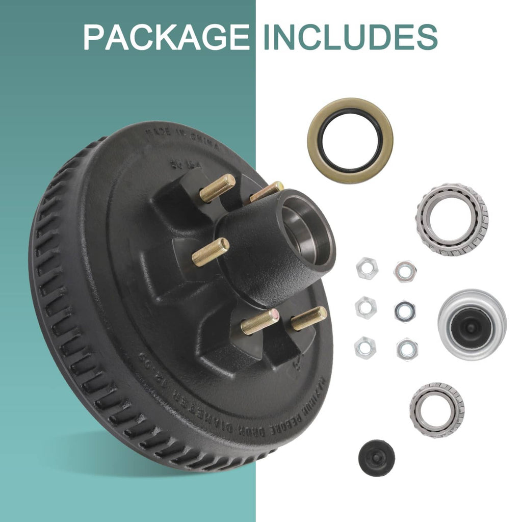 Trailer brake hub drum kit package with black drum, bearings, seals, and hardware