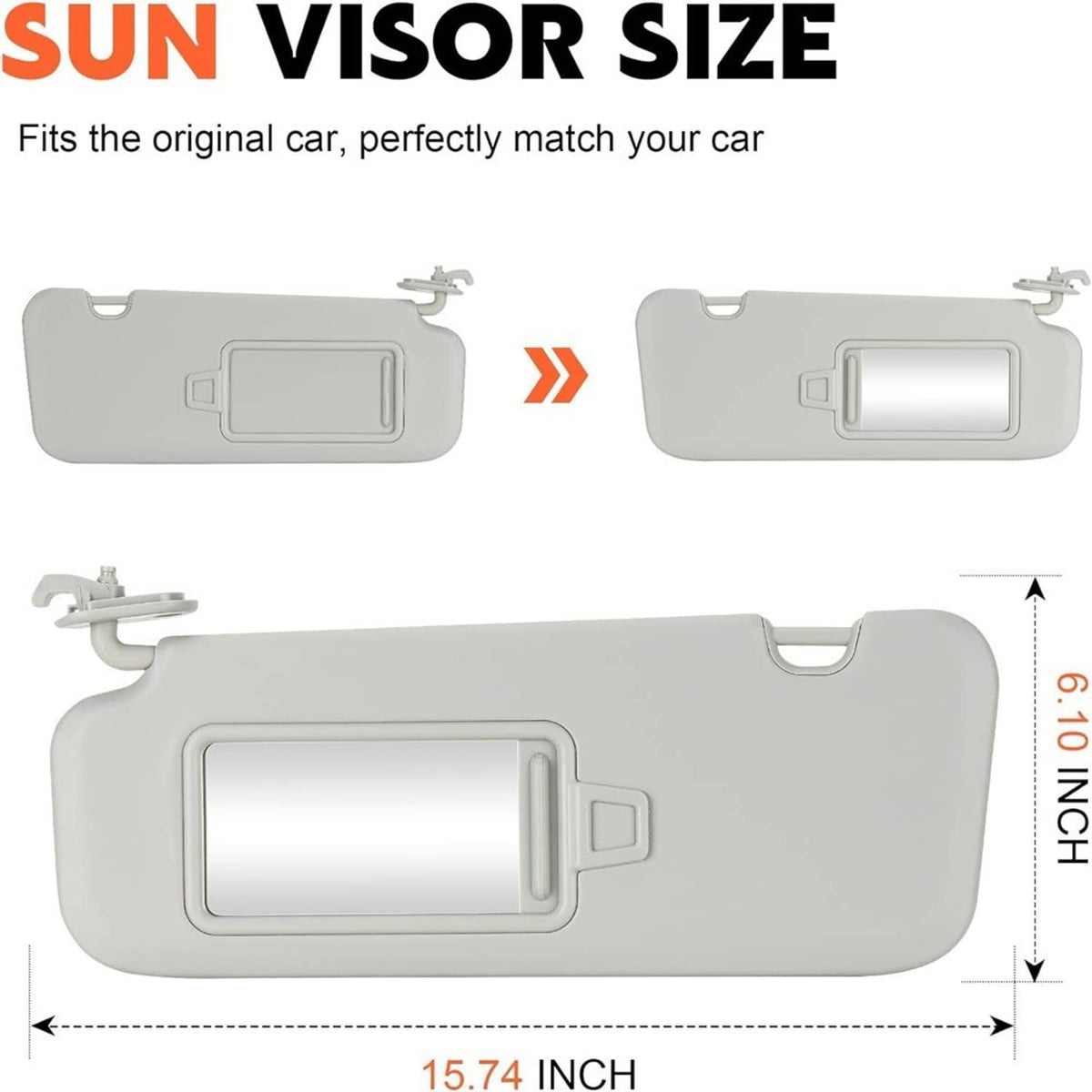 Gray sun visor pair showing mirror window and overhead clip mounts