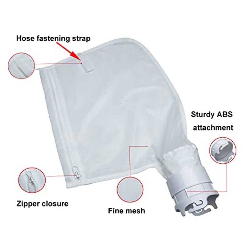 White fine mesh debris bag with zipper closure, hose fastening strap, and ABS attachment