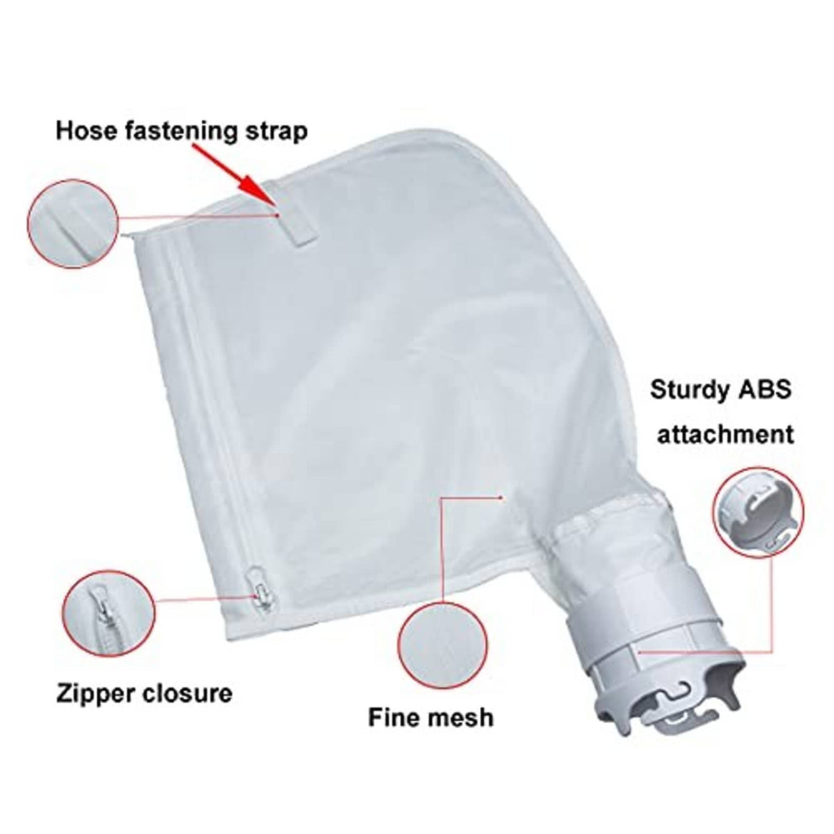 White fine mesh debris bag with zipper closure, hose fastening strap, and ABS attachment