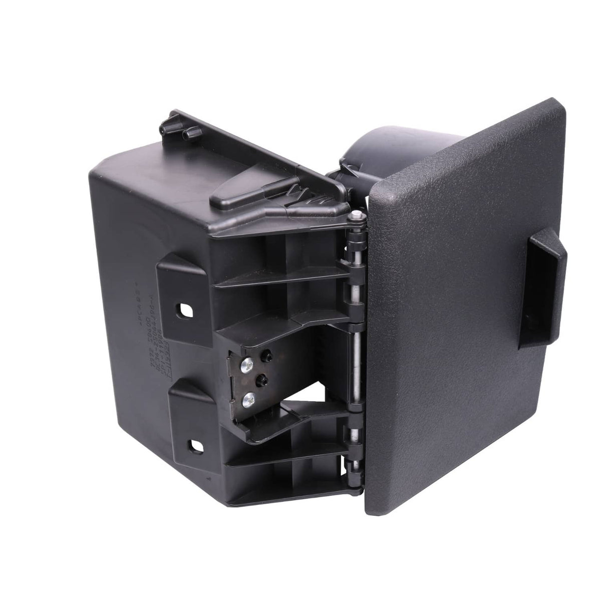 Black dual cup holder mounting bracket with open housing and hinged side cover.
