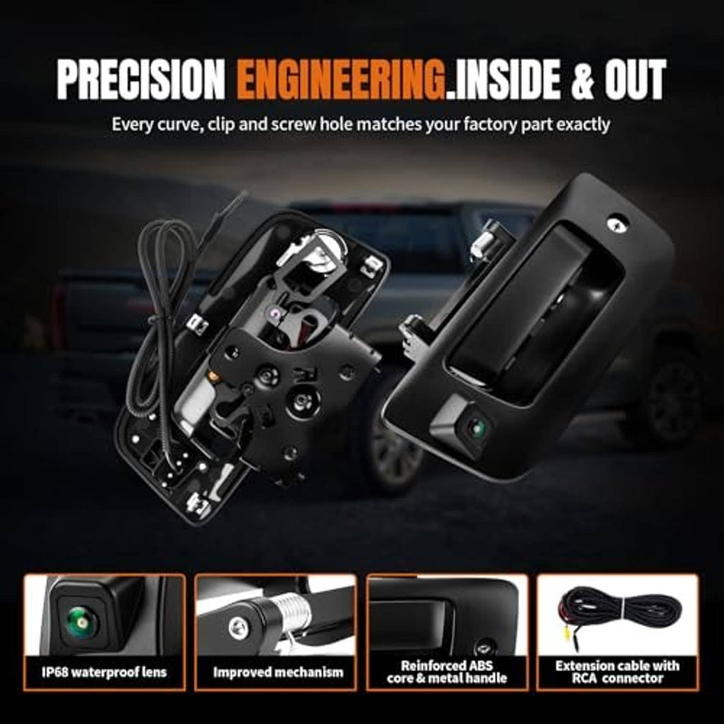 Tailgate backup camera with black housing, internal mount hardware, and cable connections.