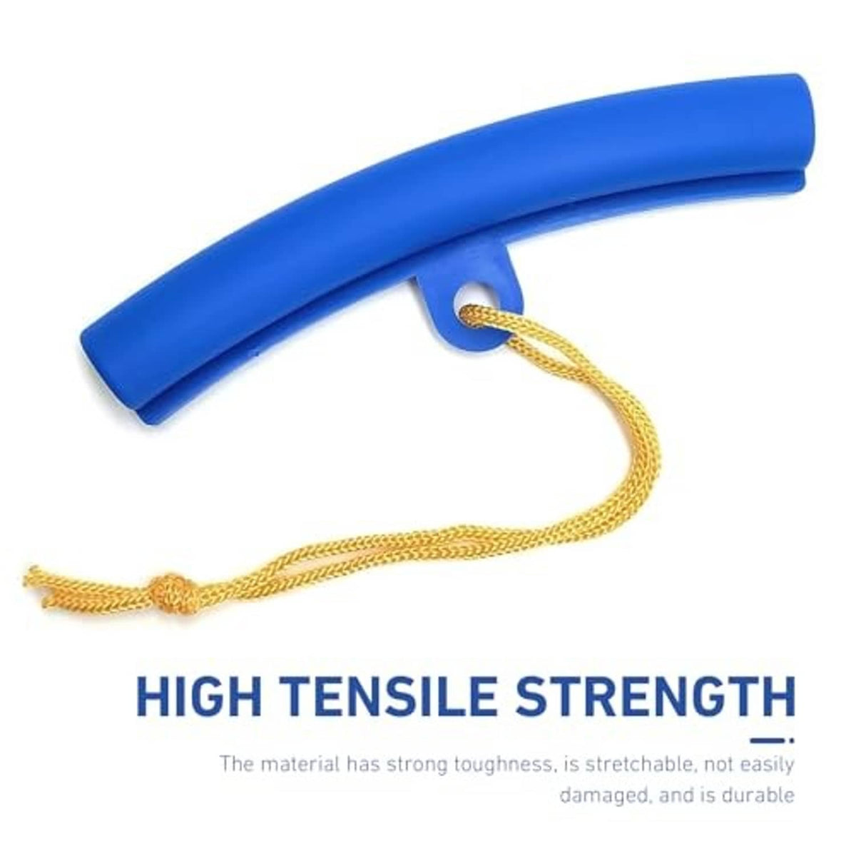 Blue curved tire rim protector sleeve with gold cord and looped tie