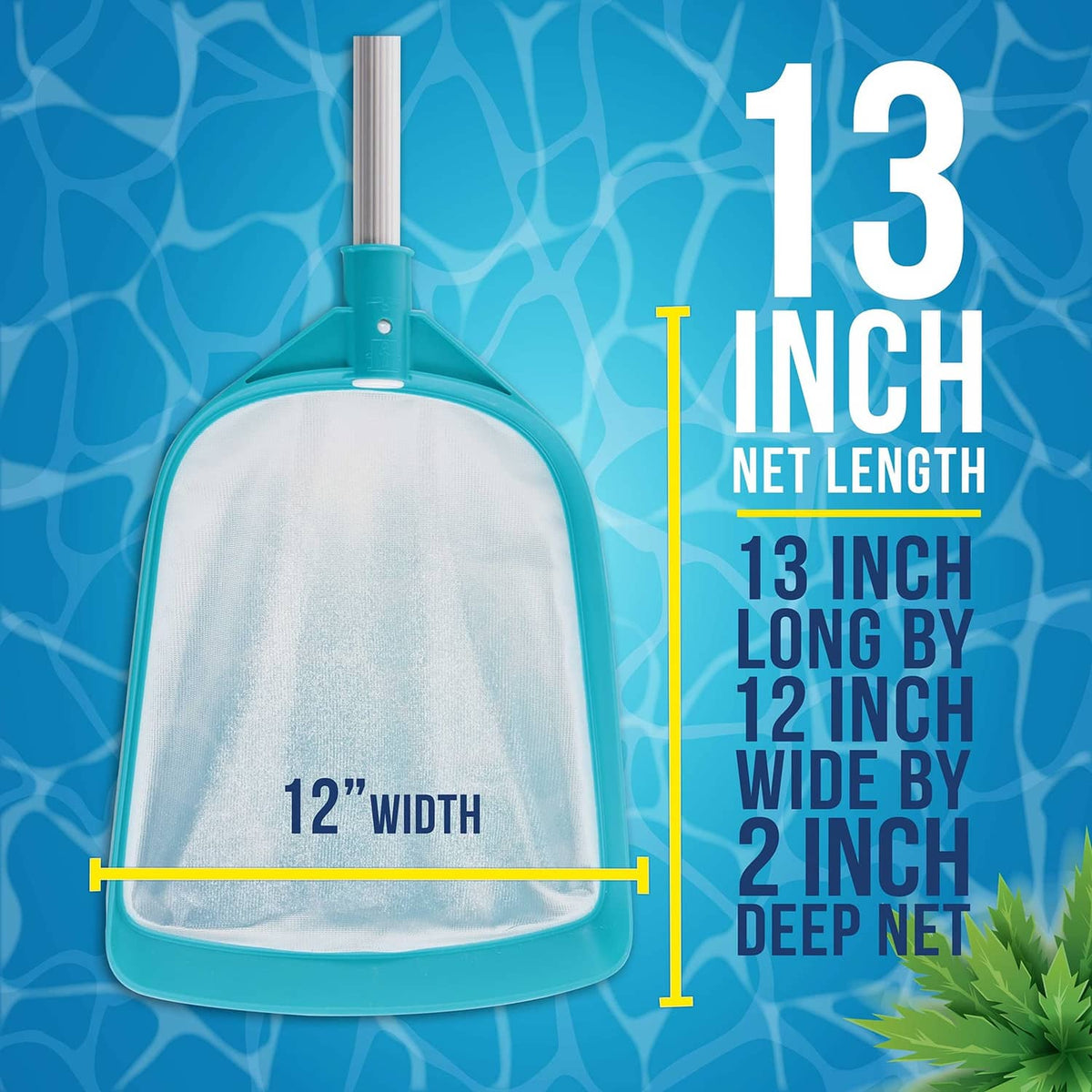 Teal-framed skimmer net with 12-inch width, 13-inch net length, 2-inch deep