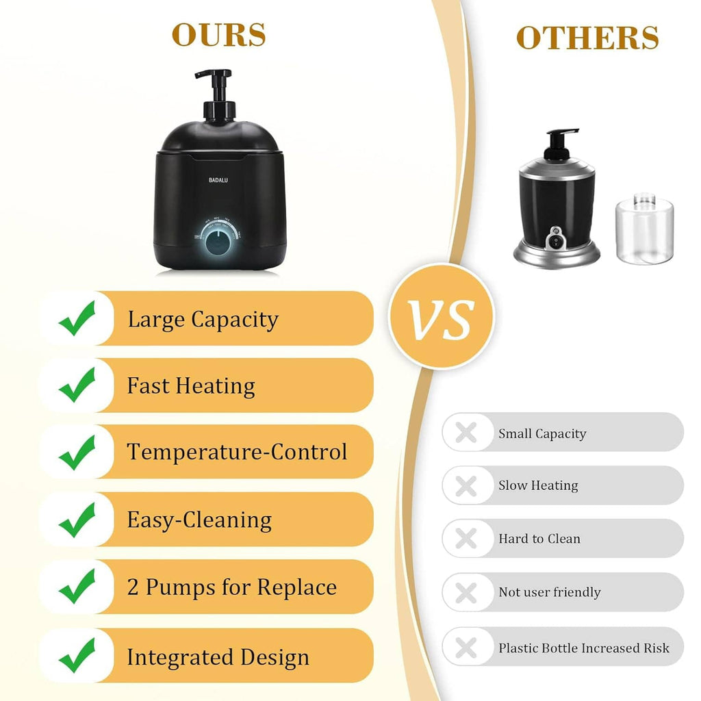Black hot lather machine shown beside large-capacity product comparison graphic
