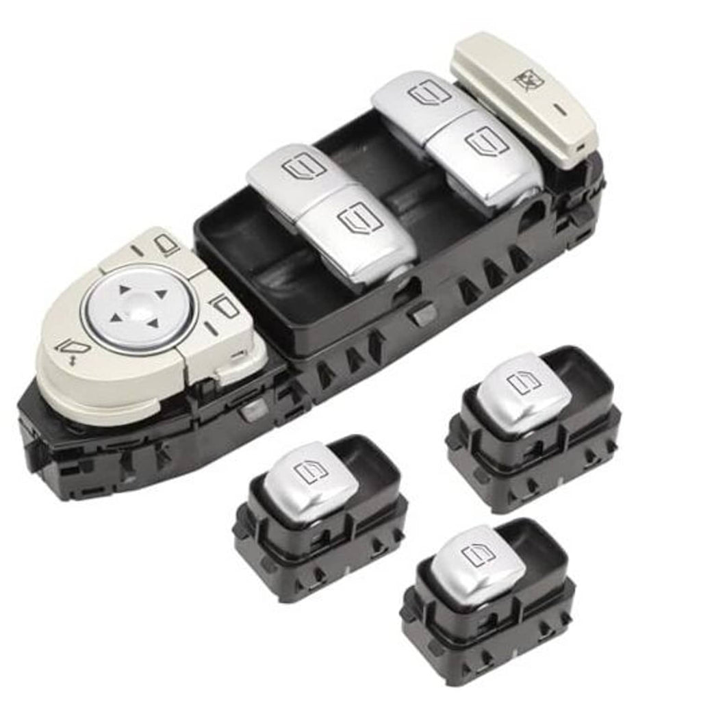 Power window switch kit components: driver dial and four beige window switch blocks
