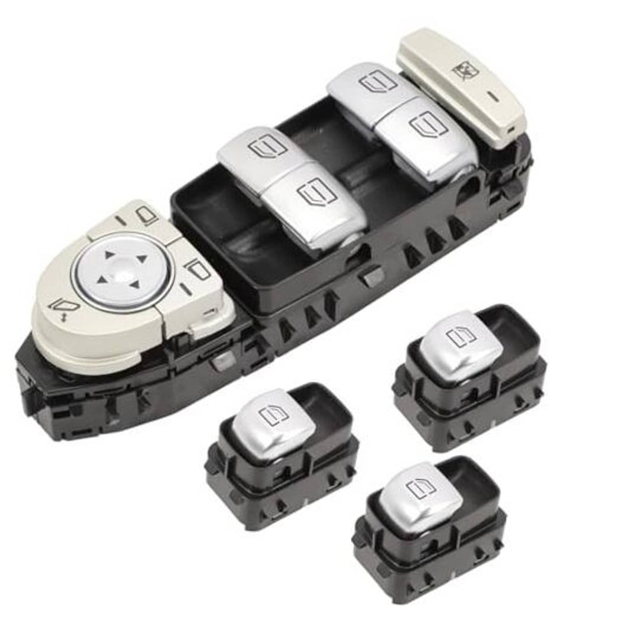 Power window switch kit components: driver dial and four beige window switch blocks