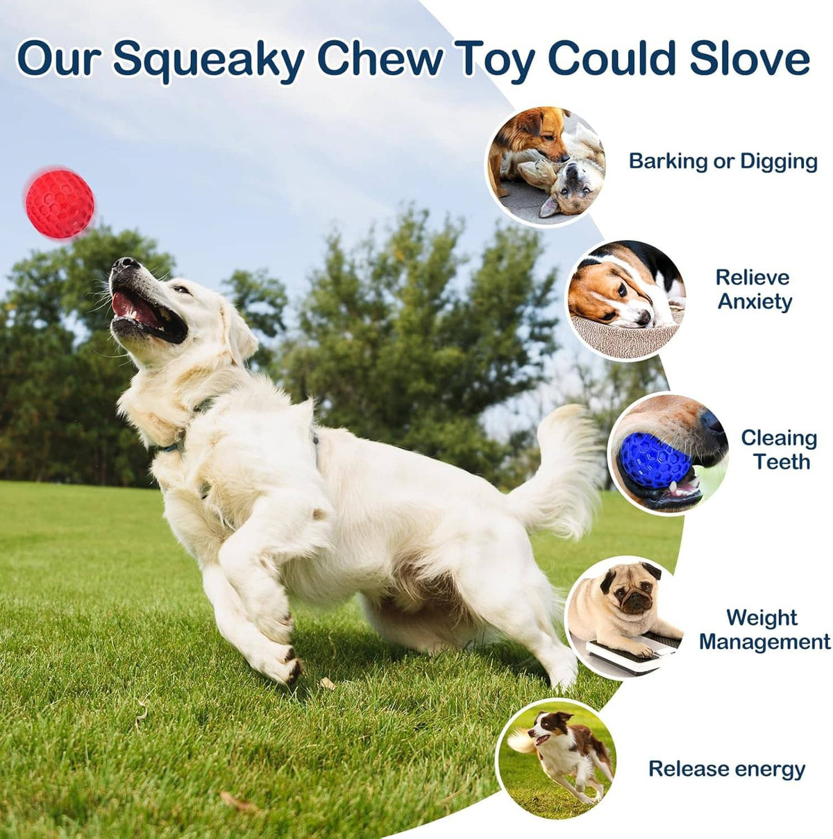 Red rubber squeaky dog ball with hex texture for aggressive chewing
