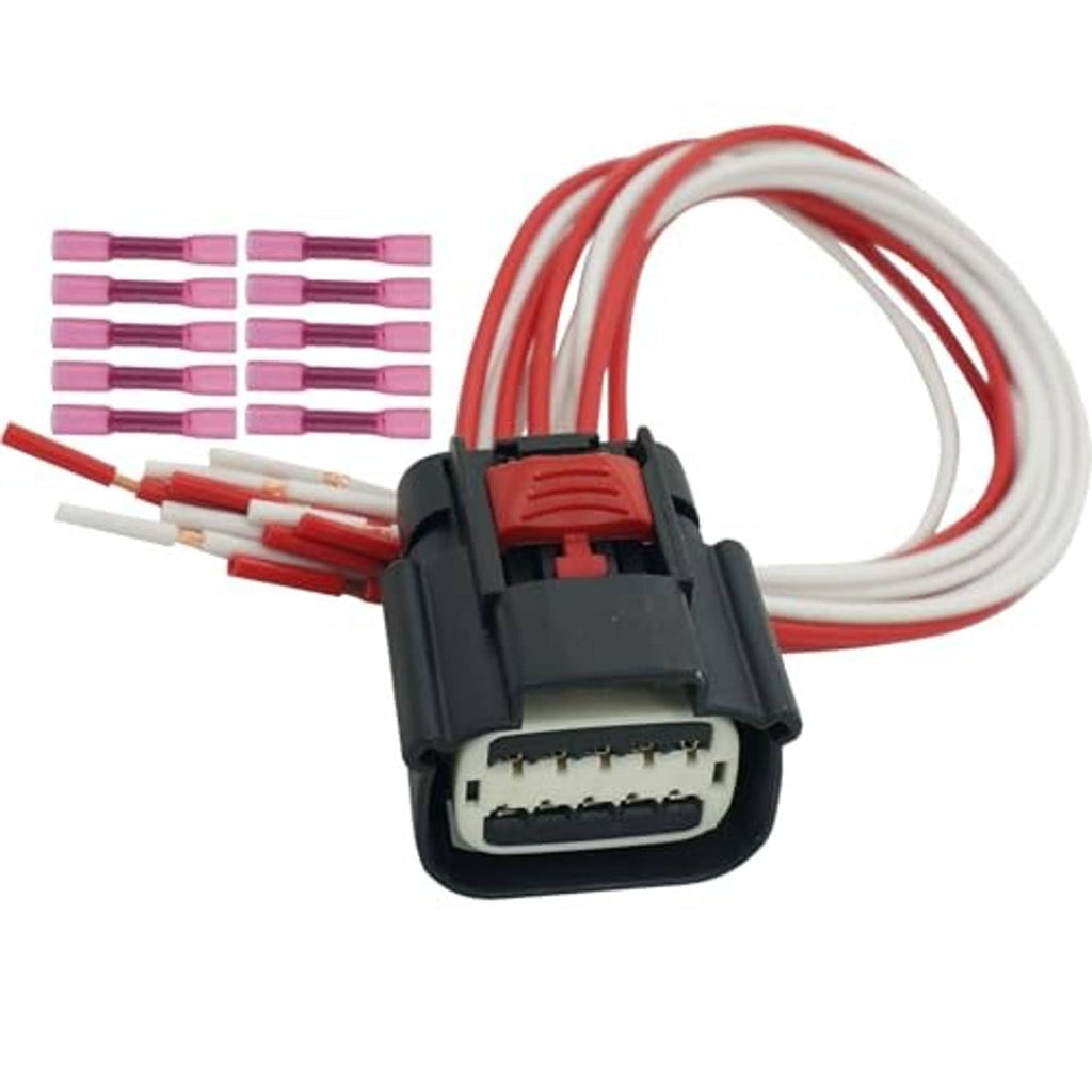 Headlight wiring harness plug with black connector and red/white wire leads