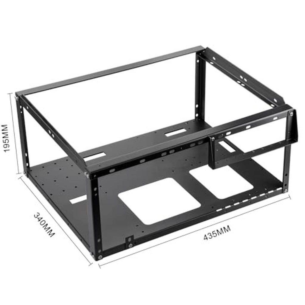 Open-frame PC case frame with ventilation cutouts and mounting holes
