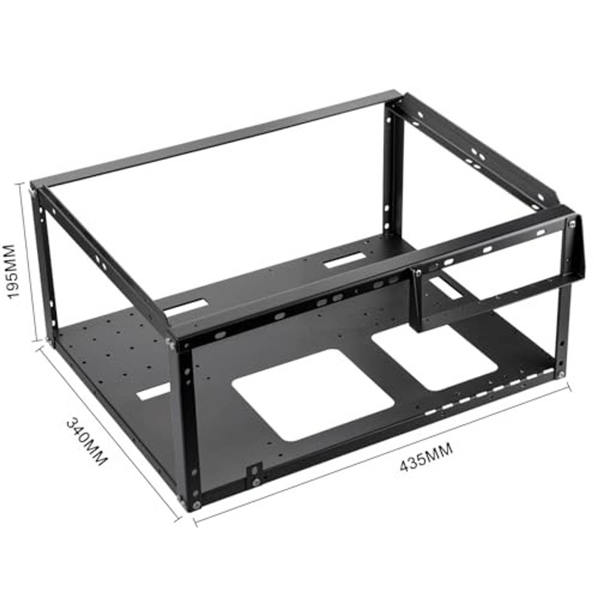 Open-frame PC case frame with ventilation cutouts and mounting holes