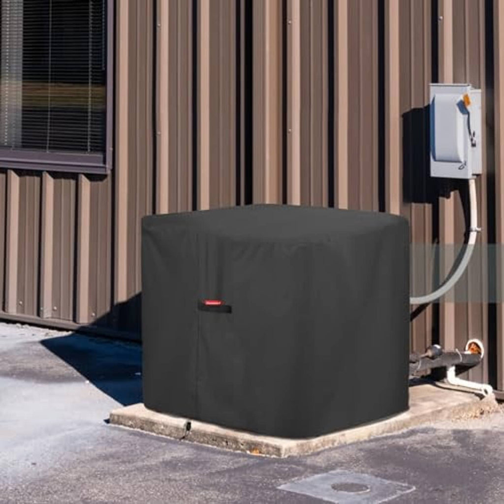 Outdoor square dark AC cover installed over an outdoor air conditioner